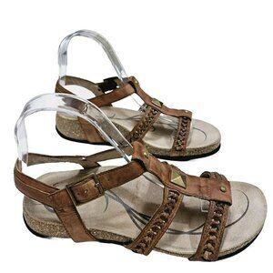 Abeo Womens 7 Brown Leather Biosystem Miramar Studded Wedge Adjustable Sandals‎